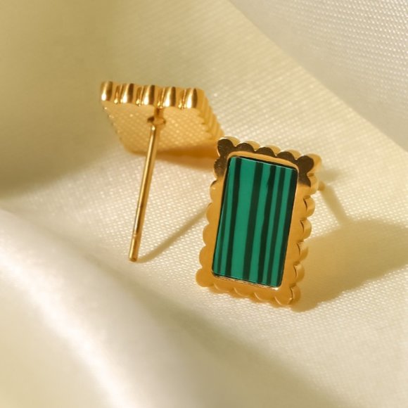 Green Malachite Rectangle 18K Gold Plated Stud Earrings - Picture 4 of 7